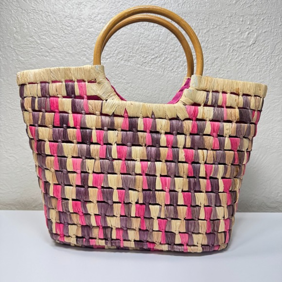 Boho Woven Straw Tote Handbag Wooden Handle Zip Top Summer Beach Resort Festival - Picture 2 of 13